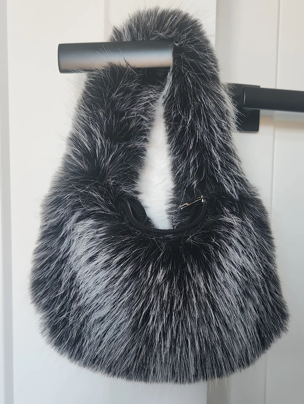 Faux Fur Hobo Bag in Black & Silver - Women's Fashion Accessory